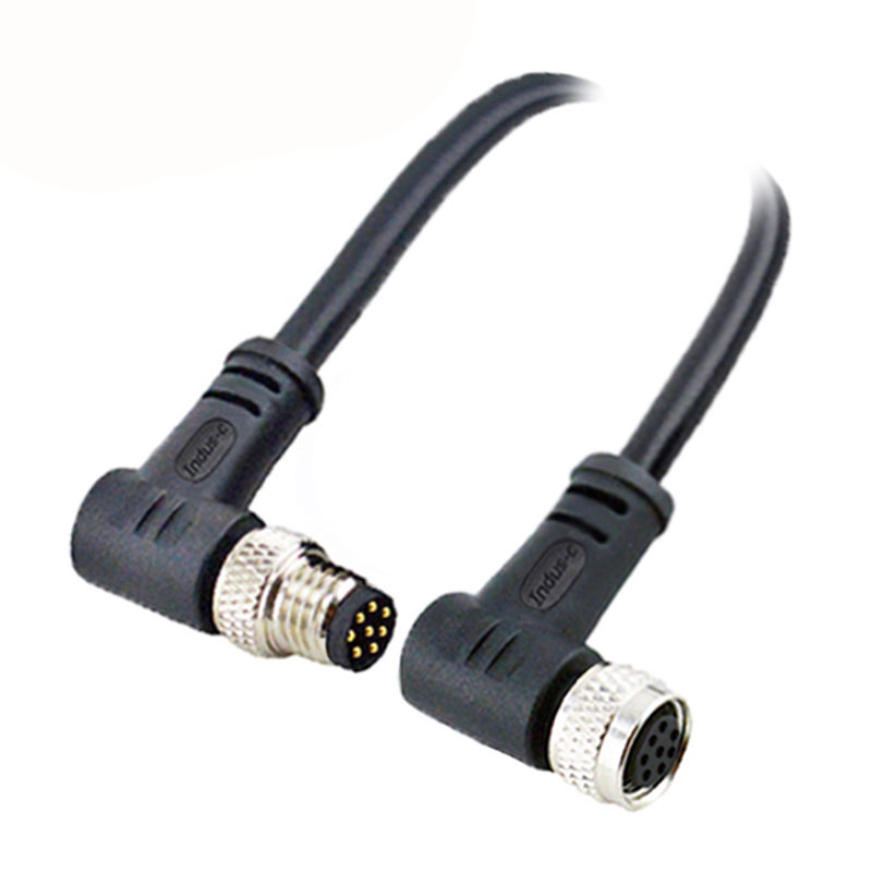 M8 8pins A code male to female right angle molded cable,unshielded,PVC,-40°C~+105°C,26AWG 0.14mm²,brass with nickel plated screw